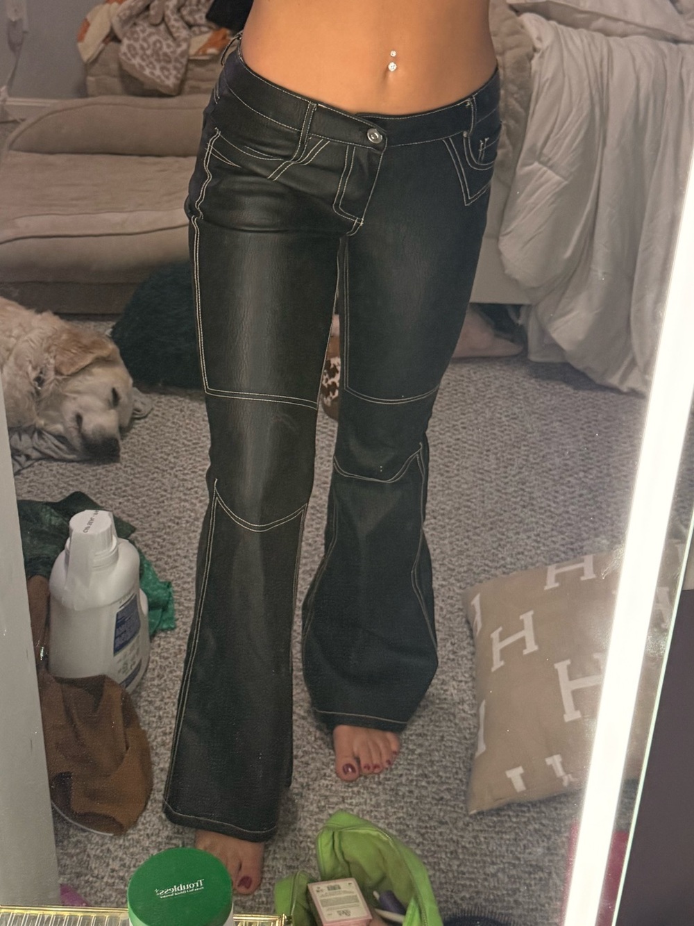 Low rise leather flare pants